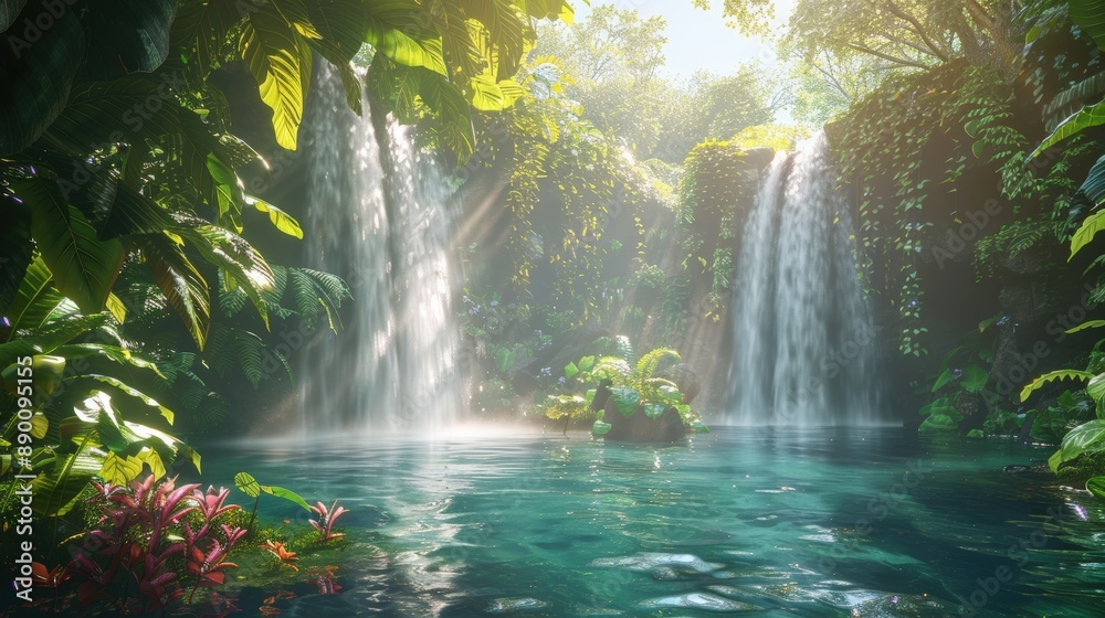 A waterfall is surrounded by lush green trees and plants A waterfall is surrounded by lush green trees and plants