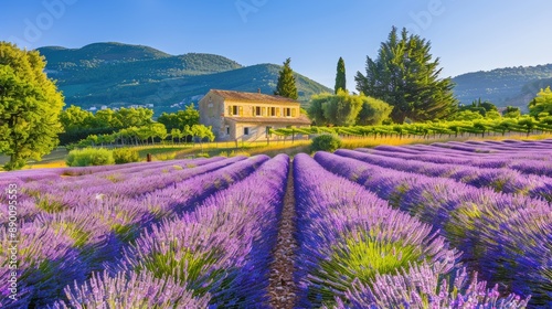 A beautiful field of lavender with a house in the background