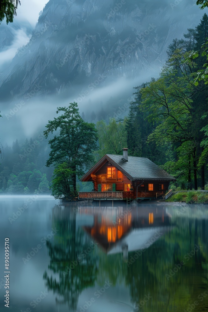 Fototapeta premium Cozy Cabin by Misty Lake with Mountain Background and Lush Greenery in Tranquil Forest Setting