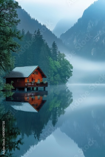 Serene Wooden Cabin by Misty Mountain Lake with Reflections and Lush Greenery in Early Morning Light © Sunshine