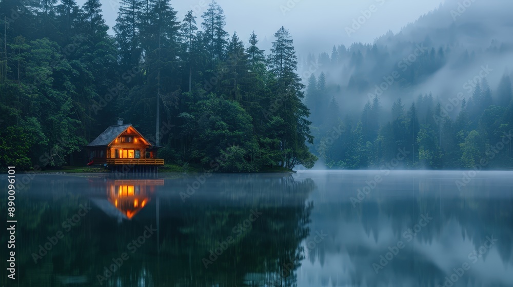 Fototapeta premium Cozy Cabin by Misty Lake in Serene Forest with Warm Light and Reflections