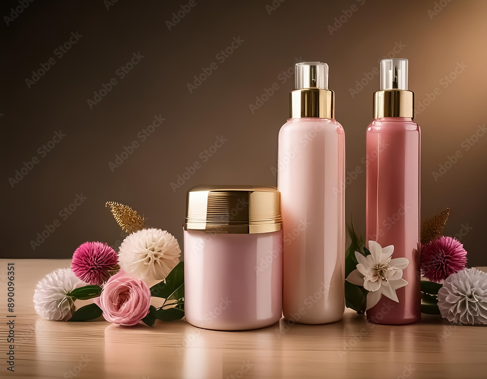 Cosmetic Bottles with Floral Design on Dark Background