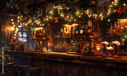 beer holiday, a rustic bar scene with a festive arrangement of beer taps