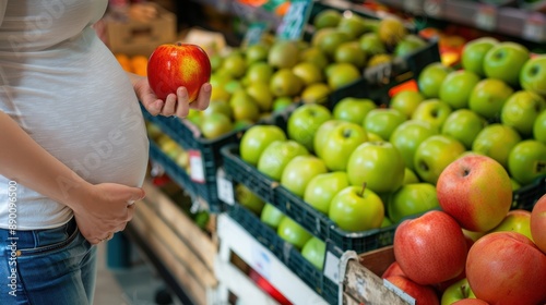 The pregnant woman holding apple photo