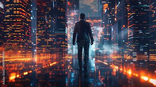 A Businessman Walking Through a Futuristic Cityscape