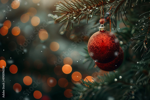 Festive Christmas Bauble on a Snowy Evergreen Branch