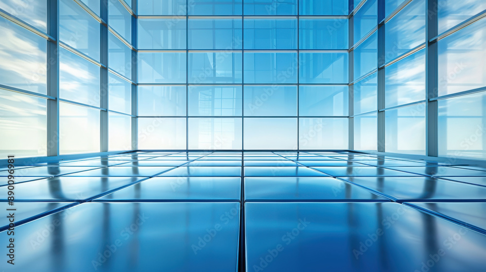A sleek and modern business background featuring blue glass geometric arrangements with ample negative space