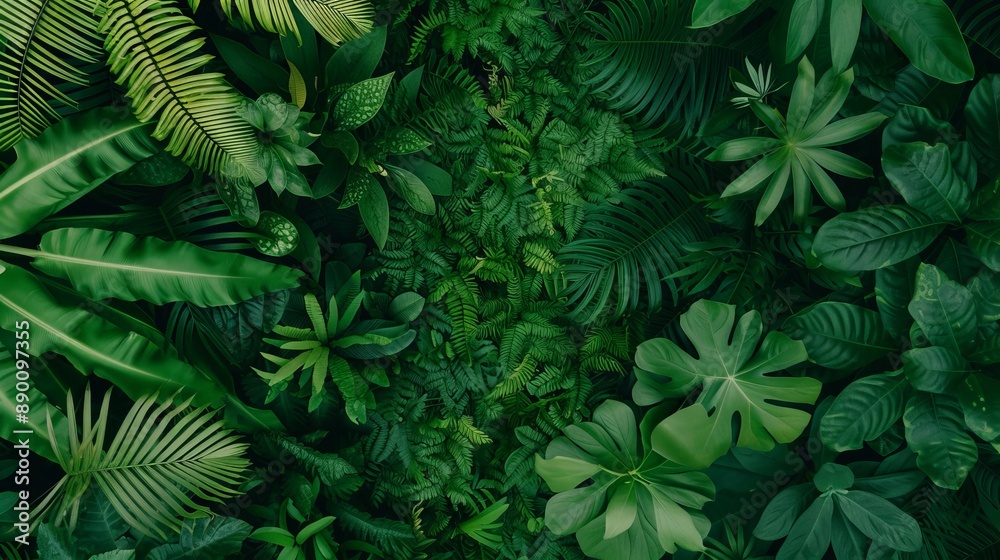 Rainforest canopy viewed from above, with richly textured foliage and vibrant shades of green Rainforest canopy viewed from above, with richly textured foliage and vibrant shades of green