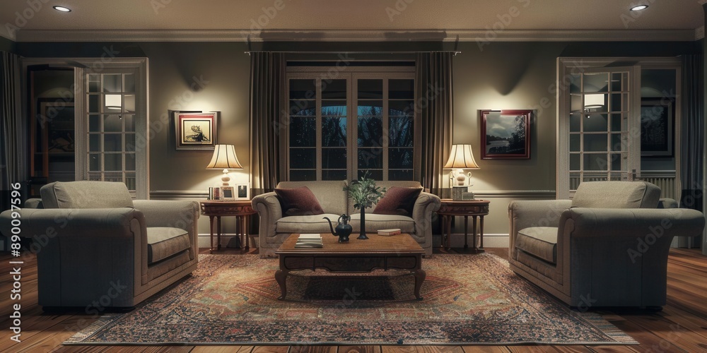 Cozy Family Room. A welcoming space for relaxation and togetherness Cozy Family Room. A welcoming space for relaxation and togetherness
