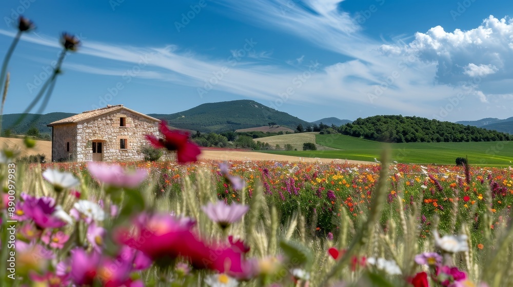 Rural farmhouse with a textured stone facade, surrounded by fields of vividly colored flowers Rural farmhouse with a textured stone facade, surrounded by fields of vividly colored flowers