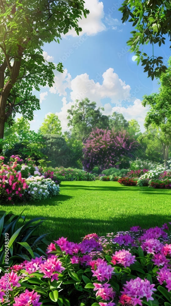 Fototapeta premium Serene Beauty in Nature. Tranquil garden oasis with colorful flowers