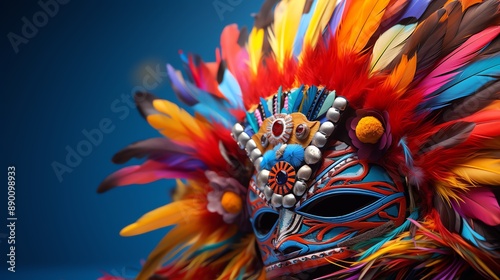 Colorful headdress with feathers and a mask, against a blue background. photo