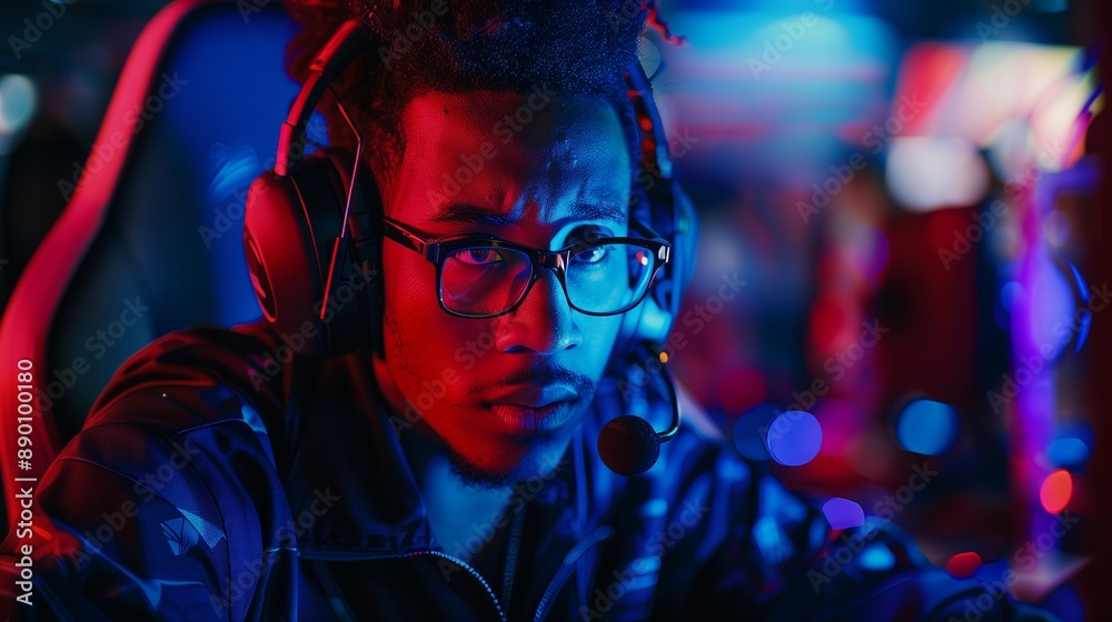 Obraz premium A dedicated gamer intensely strategizes in a high-pressure tournament, aiming for victory.