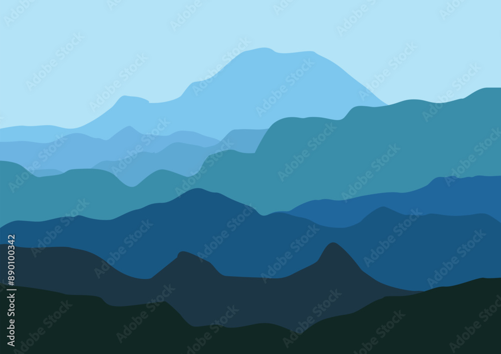 Obraz premium Mountain panorama. Banner with several layers of silhouettes of mountainous terrain. Hills with blue tone colors.