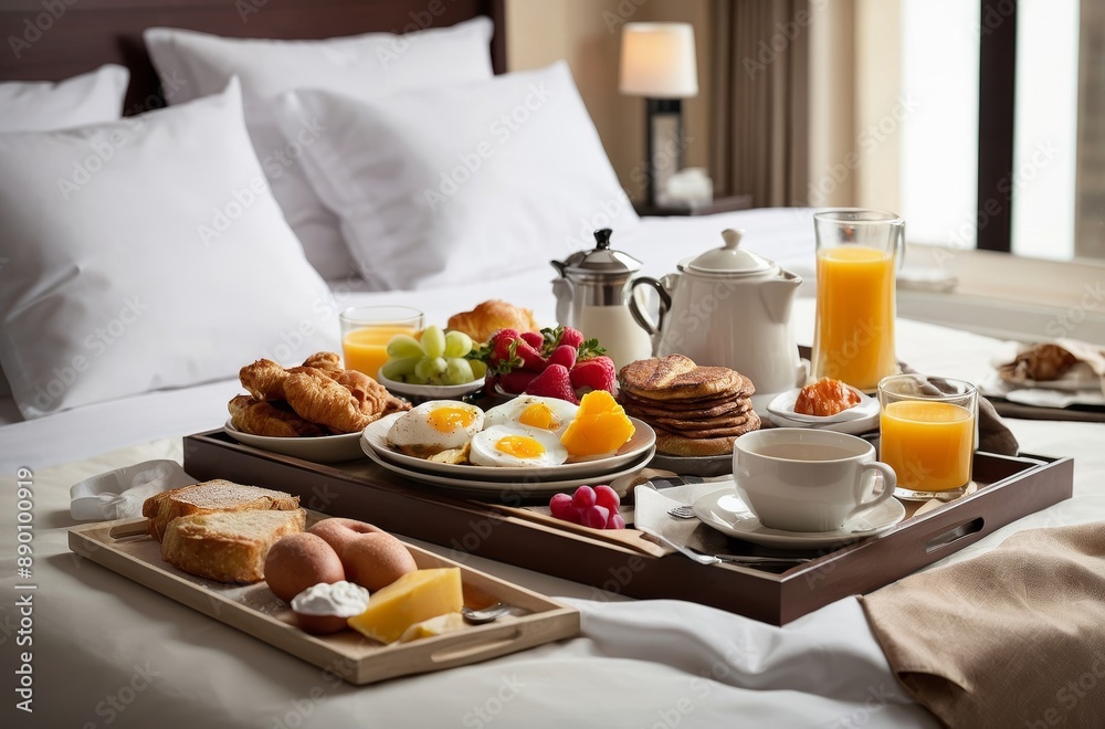 Delicious breakfast tray in white bed with variety of treats Delicious breakfast tray in white bed with variety of treats