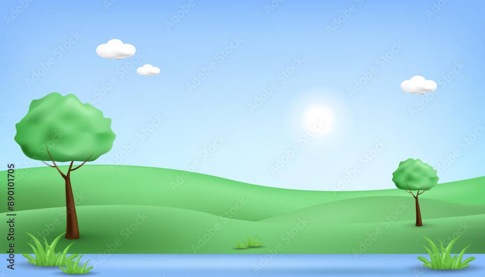 3d landscape mountain and hills illustration with 3d trees, cloud and sun. vector illustration. 3d landscape mountain and hills illustration with 3d trees, cloud and sun. vector illustration.