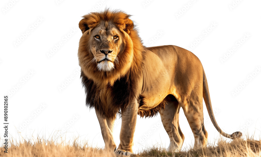 A striking image of a majestic lion standing in a grassy field ...