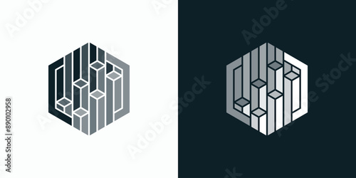Geometric hexagon shape growth graph vector logo design with three-dimensional optical illusion in modern, simple, clean and abstract style.