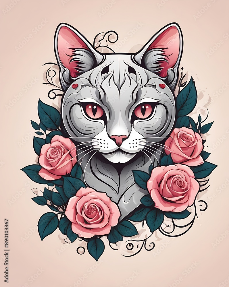 Cat and rose tattoo design or screen printing image on a t-shirt or sticker Cat and rose tattoo design or screen printing image on a t-shirt or sticker