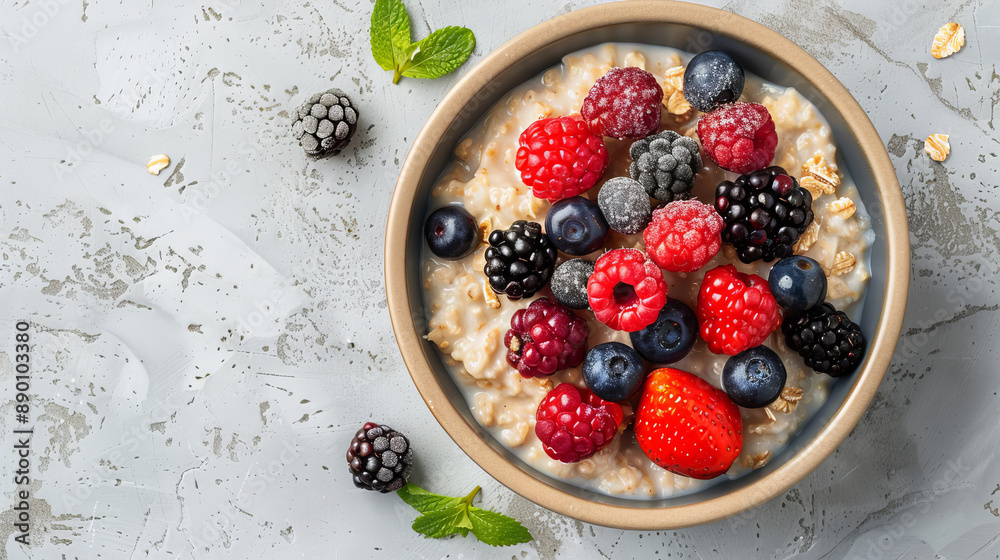 Top view of a bowl of oatmeal porridge served with berries on a light grey table. Top view of a bowl of oatmeal porridge served with berries on a light grey table.