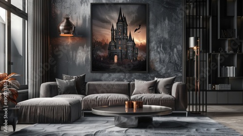 Luxurious wall frame mockup with a spooky haunted castle in a posh, contemporary living room.