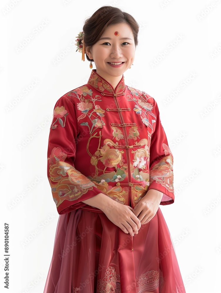 A smiling woman dressed in an elegant red Hanfu with intricate gold embroidery and floral designs. Her traditional attire and poised demeanor reflect cultural heritage and timeless beauty A smiling woman dressed in an elegant red Hanfu with intricate gold embroidery and floral designs. Her traditional attire and poised demeanor reflect cultural heritage and timeless beauty