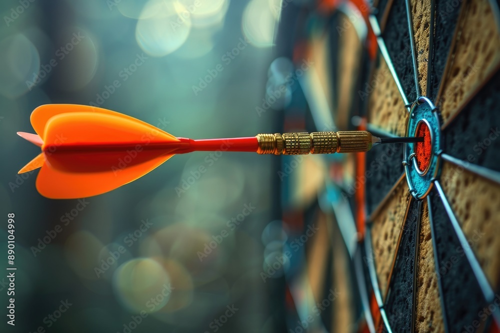 Dartboard with dart hitting bullseye in soft focus background Dartboard with dart hitting bullseye in soft focus background