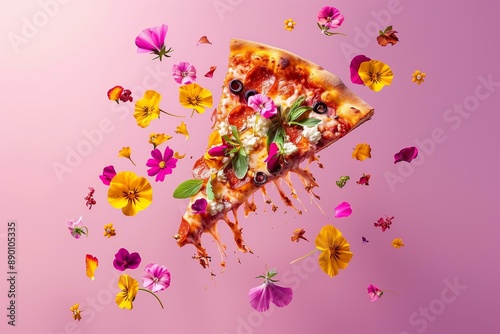 levitating pizza slice covered in colorful flowers on a bright fuchsia solid color background photo