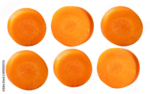 Top view set of orange carrot slices in circle shape isolated with clipping path in png file format