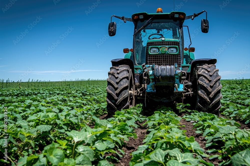 Green tractor in a lush green soybean field under a bright blue sky Green tractor in a lush green soybean field under a bright blue sky