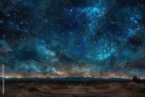 A breathtaking night sky full of stars overlooking a desert landscape, capturing the beauty of the cosmos and the vastness of nature.