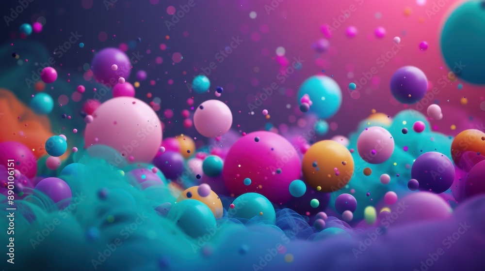 A vibrant abstract background featuring colorful floating spheres and wisps of smoke in a dreamy, surreal atmosphere.