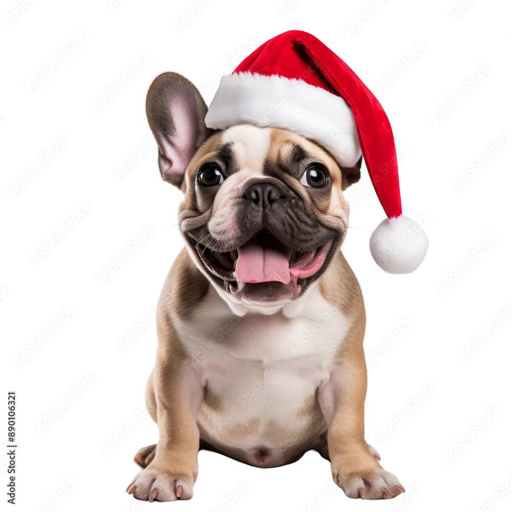 Adorable French Bulldog puppy with a Santa hat, sitting happily, isolated on white background, ready for Christmas holiday festivities.