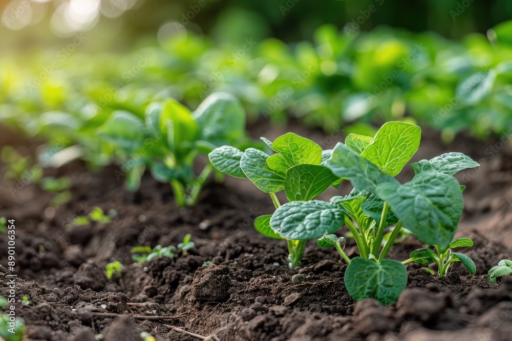 Obraz premium Lush green potato plants growing in a field under the sunlight