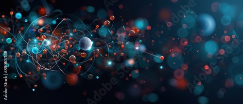 Abstract image of glowing particles and molecules on a dark background, symbolizing scientific research, space, and technology.