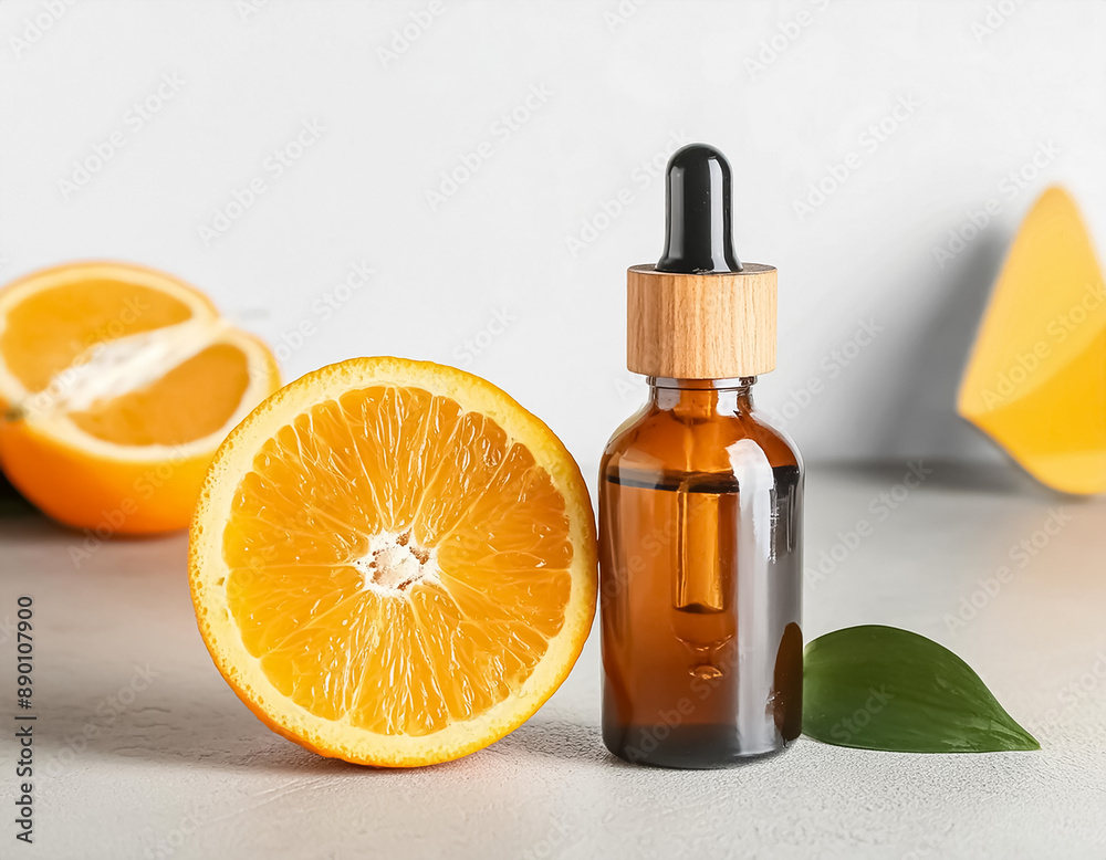 Refreshing Citrus Aromatherapy: Essential Oil and Fresh Orange in a Bottle Refreshing Citrus Aromatherapy: Essential Oil and Fresh Orange in a Bottle