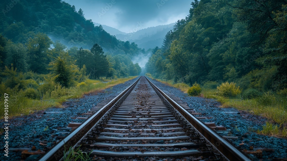 Fototapeta premium Infinity Rails: High-Resolution Endless Railroad Tracks Wallpaper with Depth and Perspective in Minimalist Style