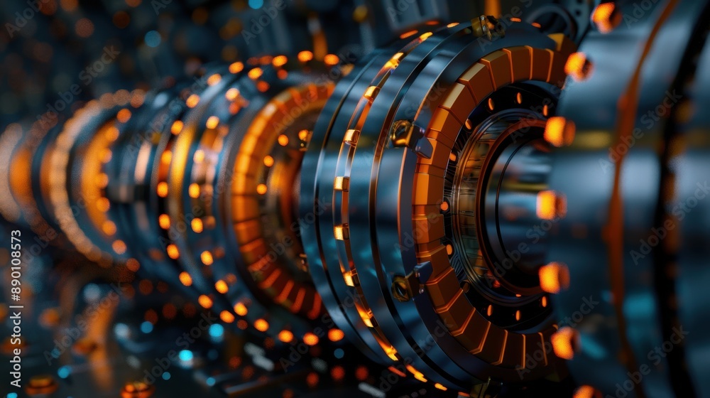 Close-up of futuristic machine with glowing elements and intricate metalwork, showcasing advanced engineering and technology. Close-up of futuristic machine with glowing elements and intricate metalwork, showcasing advanced engineering and technology.