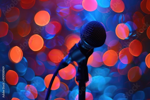 Microphone on stage with colorful bokeh lights in the background