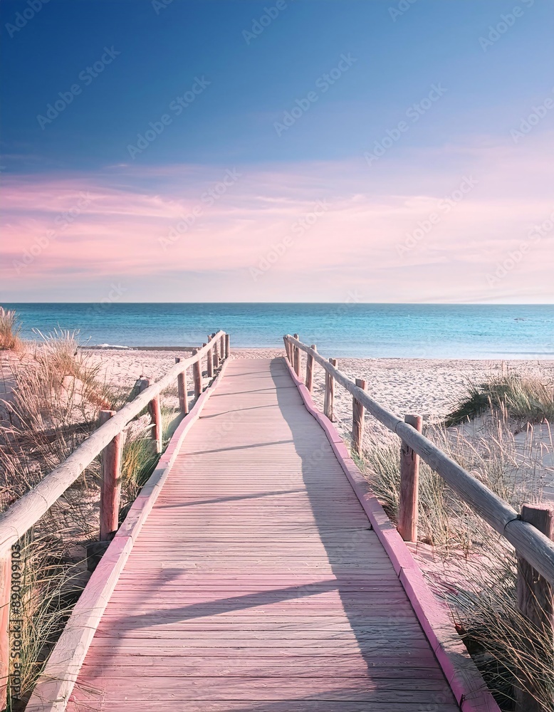 The illustration shows the atmosphere of a summer holiday on the beach with a wooden bridge which adds to the beauty of the view. generative ai The illustration shows the atmosphere of a summer holiday on the beach with a wooden bridge which adds to the beauty of the view. generative ai