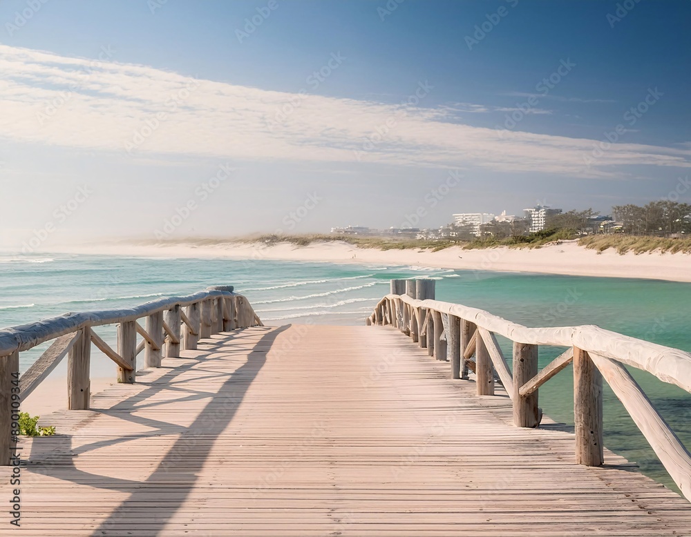 The illustration shows the atmosphere of a summer holiday on the beach with a wooden bridge which adds to the beauty of the view. generative ai The illustration shows the atmosphere of a summer holiday on the beach with a wooden bridge which adds to the beauty of the view. generative ai