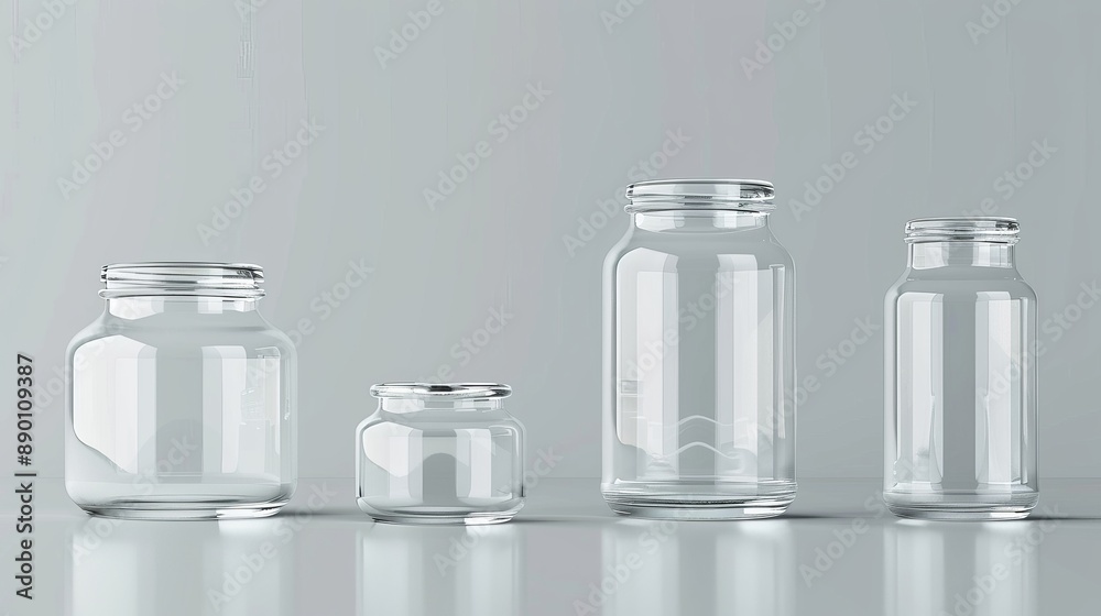 Realistic and detailed 3D empty glass jars in different sizes. Vector illustration of jars. Realistic and detailed 3D empty glass jars in different sizes. Vector illustration of jars.