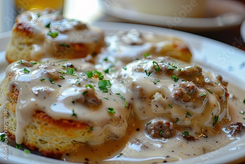 a white plate topped with biscuits covered in gravy