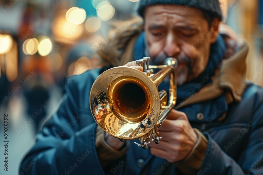 Obraz premium Close-up of a street musician playing a trumpet, filling the air with bright and powerful notes. The musician's cheeks puff as they blow into the instrument, creating a lively and energetic sound.