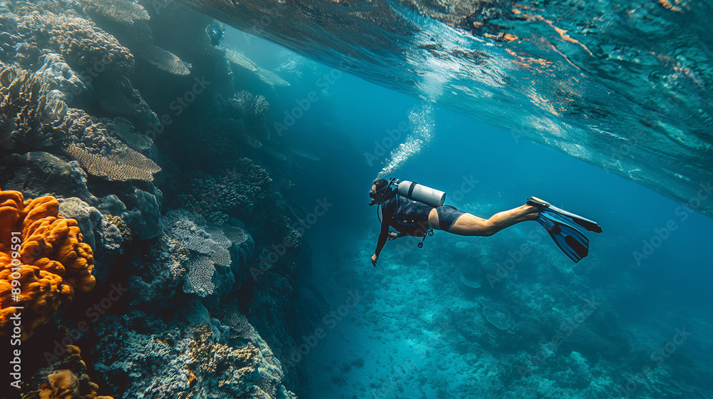 A man is diving in the ocean wearing a scuba suit