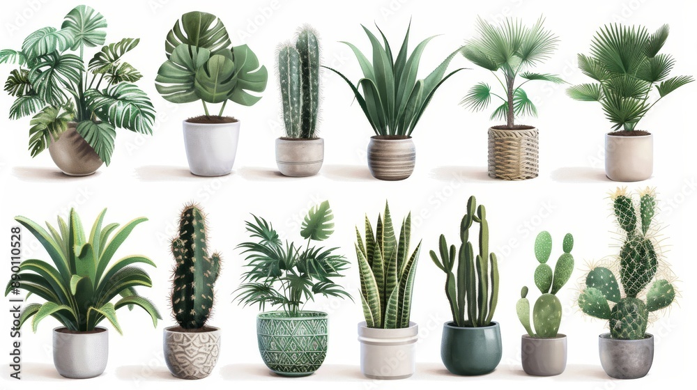 Versatile vector collection of realistic houseplants for interior decorating, featuring tropical and Mediterranean varieties, including cacti. 