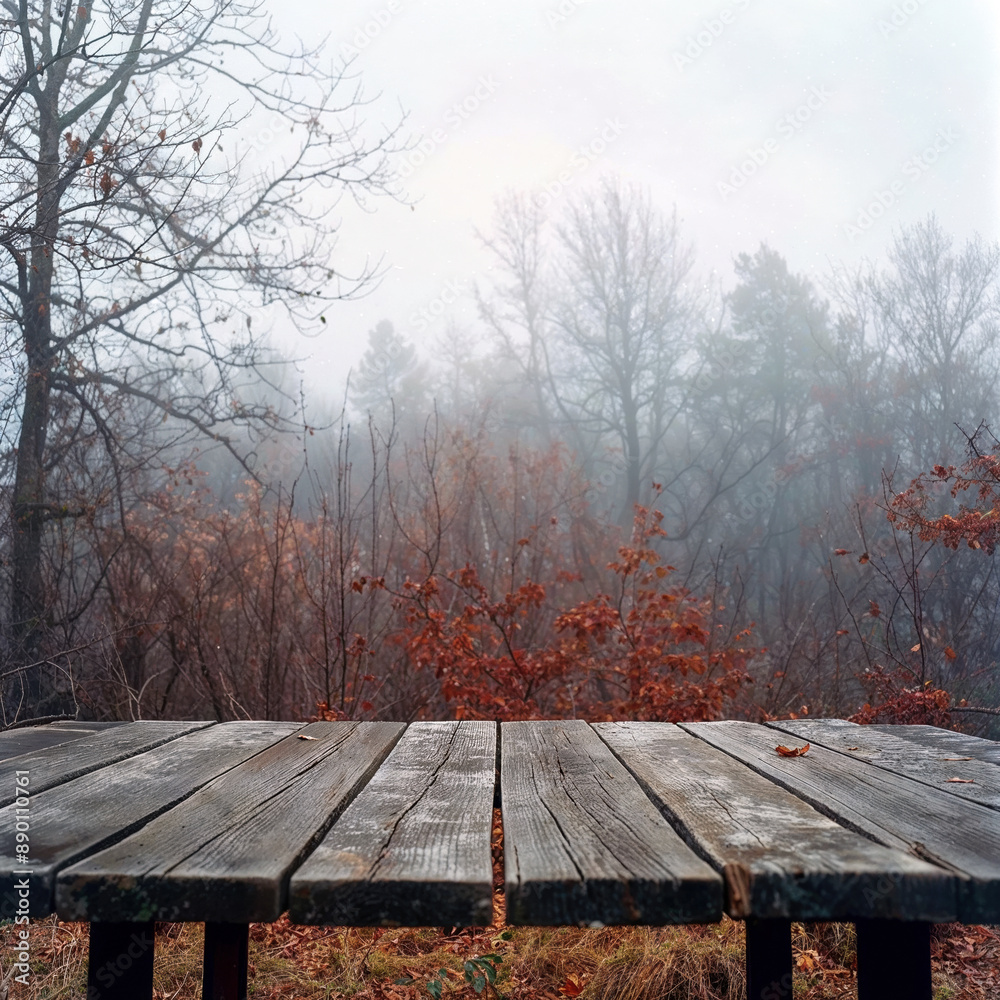 Rustic wooden table providing space for product display against a backdrop of a misty autumn forest Rustic wooden table providing space for product display against a backdrop of a misty autumn forest