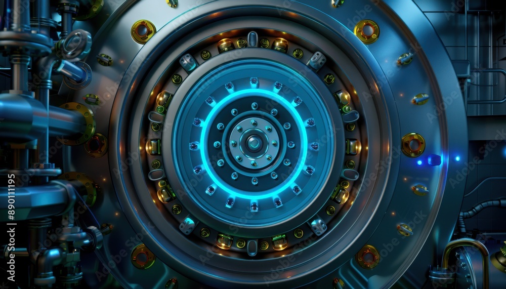 Futuristic mechanical engineering device with intricate circular design, metallic components, and neon blue accents. High-tech industrial equipment. Futuristic mechanical engineering device with intricate circular design, metallic components, and neon blue accents. High-tech industrial equipment.
