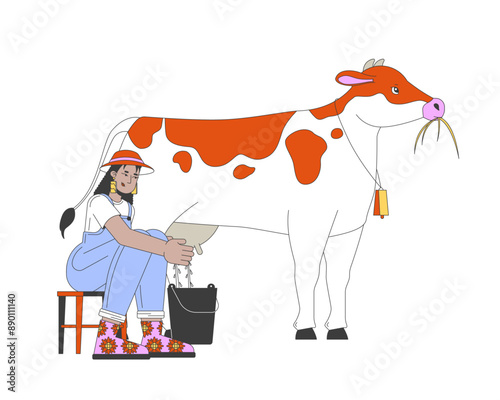 African american woman milking cow 2D cartoon character. Black female farmer working at dairy farm isolated flat vector person white background. Agricultural animal color spot illustration