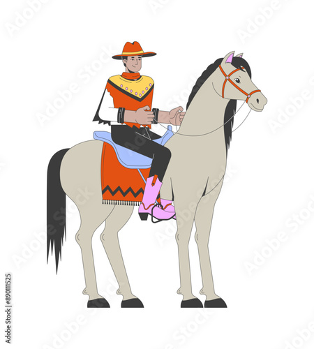 Indian man in cowboy suit riding horse 2D cartoon character. Hindu male equestrian training isolated flat vector person white background. Old fashioned cowman at farm color spot illustration